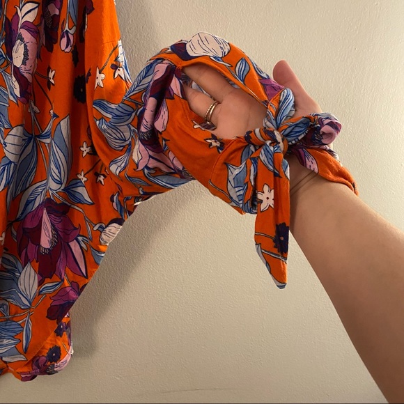 Free People Orange Jersey Keepin On Stretch Floral High Low Drapey Blouse - Picture 6 of 11